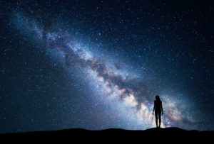 Milky Way with standing woman. Night landscape